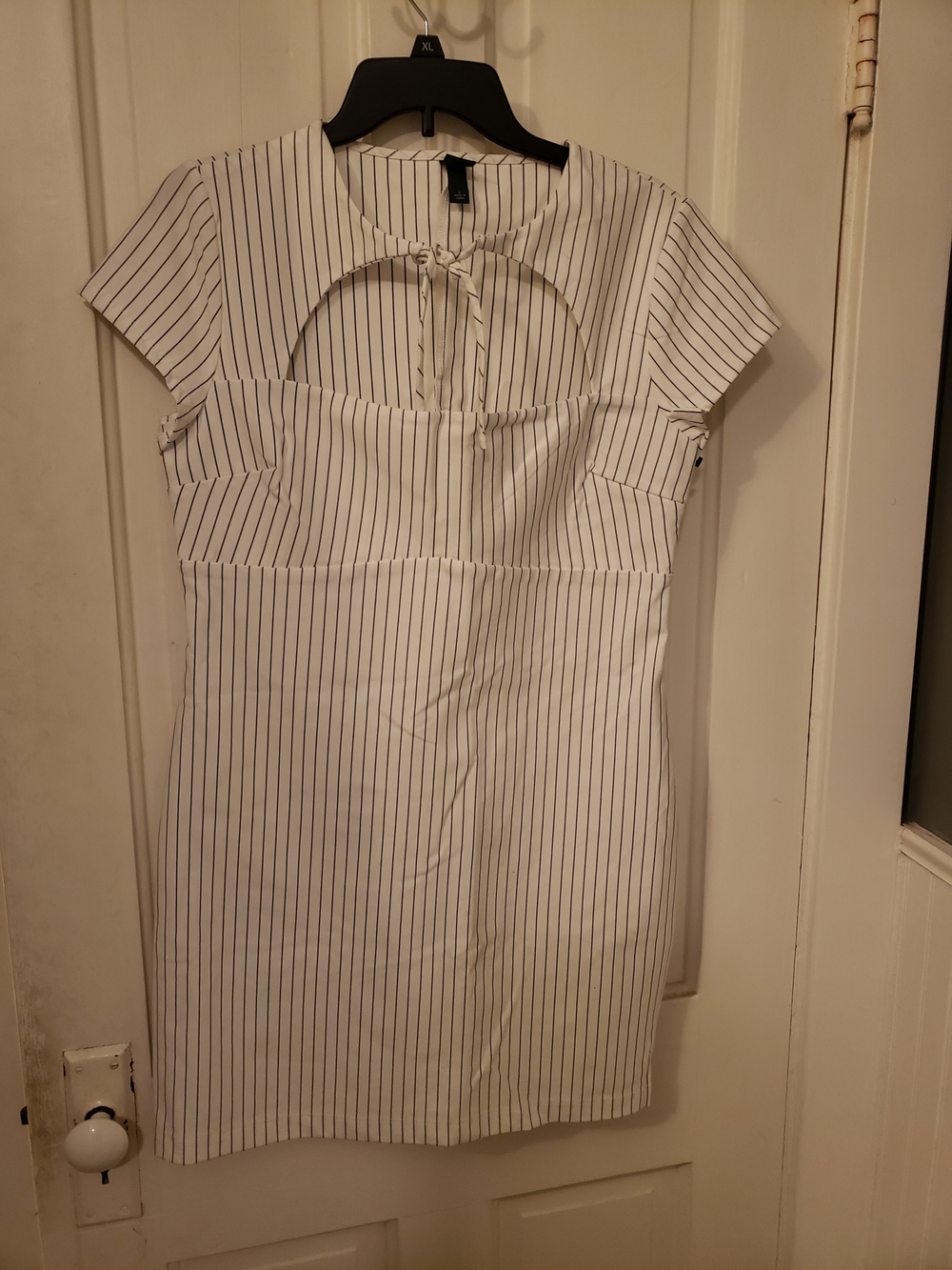 wild fable White Dress with Black Pinstripes and Tie-Neck